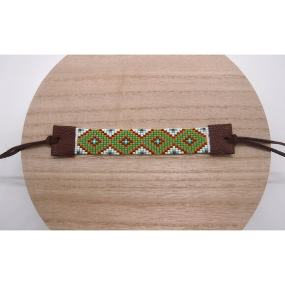 Loom Beaded Bracelet Brown, White & Orange Print - Picture 2 of 4